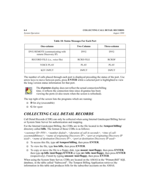 Page 596-4 COLLECTING CALL DETAIL RECORDS
System OperationAugust 1999
The number of calls placed through each port is displayed preceding the status of the port. Use 
arrow keys to move between ports, press ENTER
 while a selected port is highlighted to view 
the long-version status information for that port.
The top right of the screen lists the programs which are running:
†D
 for 
dvg (executable)
†G
 for 
vgate
COLLECTING CALL DETAIL RECORDS
Call Detail Records (CDR) can only be collected when using Internal...