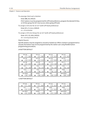 Page 1582-132Flexible Button Assignment
Chapter 2 - Features and Operation
To unassign (lock out) a button:
Enter [BB], [#], [HOLD]
If SLT stations must be programmed for off-hook preference, program the desired CO line, 
or CO line group the SLT must access when going off-hook.
To assign a CO Line for an SLT (with off-hook preference)
Enter [01], [1], [LLL], [HOLD]
LLL = CO Line Number
To assign a CO Line Group for an SLT (with off-hook preference):
Enter: [01], [3], [GG], [HOLD]
GG = Line Group Number (00-23)...