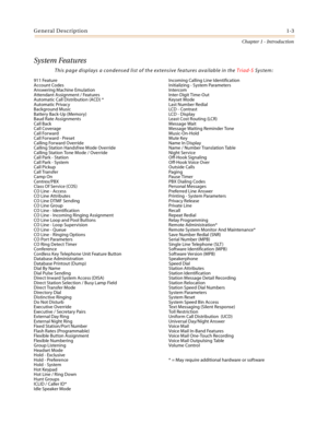 Page 21General Description1-3
Chapter 1 - Introduction
System Features
This page displays a condensed list of the extensive features available in the Triad-S System:
911 Feature 
Account Codes 
Answering Machine Emulation 
Attendant Assignment / Features 
Automatic Call Distribution (ACD) *
Automatic Privacy 
Background Music 
Battery Back-Up (Memory) 
Baud Rate Assignments 
Call Back 
Call Coverage 
Call Forward 
Call Forward - Preset 
Calling Forward Override 
Calling Station Handsfree Mode Override 
Calling...