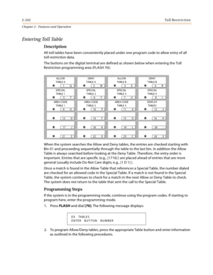 Page 2682-242Toll Restriction
Chapter 2 - Features and Operation
E n t e r i n g  To l l  Ta b l e
Description
All toll tables have been conveniently placed under one program code to allow entry of all 
toll restriction data.
The buttons on the digital terminal are defined as shown below when entering the Toll 
Restriction programming area (FLASH 70):
When the system searches the Allow and Deny tables, the entries are checked starting with 
Bin 01 and proceeding sequentially through the table to the last bin. In...