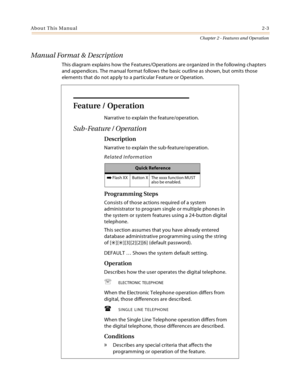 Page 29About This Manual2-3
Chapter 2 - Features and Operation
Manual Format & Description
This diagram explains how the Features/Operations are organized in the following chapters 
and appendices. The manual format follows the basic outline as shown, but omits those 
elements that do not apply to a particular Feature or Operation.
Feature / Operation
Narrative to explain the feature/operation.
Sub-Feature / Operation
Description
Narrative to explain the sub-feature/operation.
Related Information
Programming...