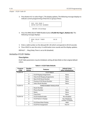 Page 382A-10ICLID Programming
Chapter  - ICLID / Caller ID
3. Press Button #21 to select Page C. The display updates. The following message displays to 
indicate current programming of that line or group of lines:
XXX-XXX = CO Line Range
4. Press the RING DELAY TIMER flexible button (FLASH 40, Page C, Button #2). The 
following message displays:
5. Enter a valid number on the dial pad (00–20) which corresponds to 00-20 seconds.
6. Press HOLD to save the entry. A confirmation tone sounds and the display updates....