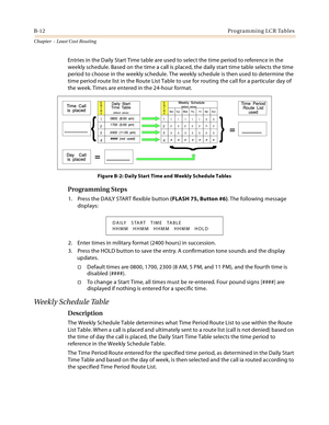 Page 400B-12Programming LCR Tables
Chapter  - Least Cost Routing
Entries in the Daily Start Time table are used to select the time period to reference in the 
weekly schedule. Based on the time a call is placed, the daily start time table selects the time 
period to choose in the weekly schedule. The weekly schedule is then used to determine the 
time period route list in the Route List Table to use for routing the call for a particular day of 
the week. Times are entered in the 24-hour format.
Figure B-2: Daily...