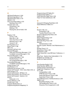 Page 510viIndex
O
Off-Hook Preference 2-204
Off-Hook Signaling 2-179
Off-Hook Voice Over 2-179
OHVO 2-179
One-Touch Recording 2-270
Warning Tone 2-271
Outside Call 2-183
Answering 2-183
Making 2-183
Placing the call on hold 2-183
P
Paging 2-183
Access 2-184
Meet Me 2-186
Time-Out Timer 2-186
Warning Tone 2-186
Zone(s) 2-187
Part Numbers D-17
Pause Timer 2-188
PBX 2-50
Personal Call Park 2-40
Personal Message
Date and Time Entry Messages 2-191
Scrollable Canned Messages 2-192
Personal Messages 2-189
Custom...