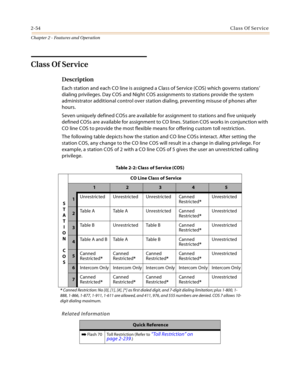 Page 802-54Class Of Service
Chapter 2 - Features and Operation
Class Of Service
Description
Each station and each CO line is assigned a Class of Service (COS) which governs stations’ 
dialing privileges. Day COS and Night COS assignments to stations provide the system 
administrator additional control over station dialing, preventing misuse of phones after 
hours.
Seven uniquely defined COSs are available for assignment to stations and five uniquely 
defined COSs are available for assignment to CO lines....