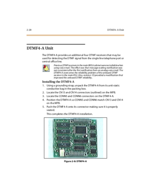 Page 372-20 D TM F4 -A Unit
DTMF4-A Unit
The DT MF4 -A pr ovi de s a n add it ion al four DT MF r ece iv er s t hat m ay b e
use d for de te cting the D TMF sig nal from the single lin e telep hone p ort or
central office line.
In sta l li ng t he DT MF4- A
1. Using a grounding strap, unpack the DTMF4-A from its anti-static
conductive b ag in the pack ing box.
2. Locate the CN 13 an d CN 14 connectors (outlined ) on the MPB.
3 . Locat e t he CO NN5 and CO NN6 conne ctor s on t he DTMF 4- A.
4 . Pos it ion t he...