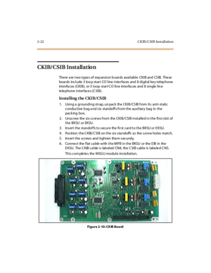 Page 392-22 CK IB /CSI B Inst al l atio n
CKIB/CSIB Installation
There are two types of expansion boards available: CKIB and CSIB. These
boar ds inc l ude 3 loo p st ar t CO l ine i nte r fac es and 8 di git al ke y t el ep hone
interfaces (CKIB), or 3 loop start CO line interfaces and 8 single line
te le pho ne i nt er fac e s (C SI B ).
In sta l li ng t he CKI B/CSIB
1. Using a grounding strap, unpack the CKIB/CSIB from its anti-static
conductive bag and six standoffs from the auxiliary bag in the
pack ing...