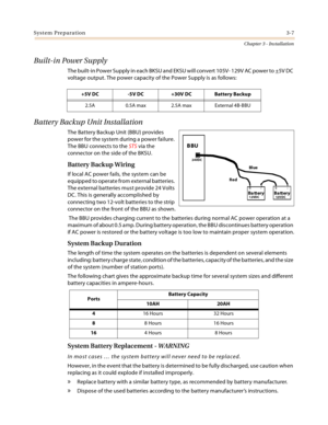 Page 35System Preparation3-7
Chapter 3 - Installation
Built-in Power Supply
The built-in Power Supply in each BKSU and EKSU will convert 105V- 129V AC power to +5V DC 
voltage output. The power capacity of the Power Supply is as follows:
Battery Backup Unit Installation
The Battery Backup Unit (BBU) provides 
power for the system during a power failure. 
The BBU connects to the STS via the 
connector on the side of the BKSU.
Battery Backup Wiring
If local AC power fails, the system can be 
equipped to operate...