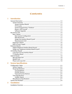 Page 5Contents - i
Contents
1Introduction
General Information ................................................................................................................................ 1-3
System Overview  .............................................................................................................................. 1-3
System Interface Boards  ......................................................................................................... 1-3
CO Circuitry...