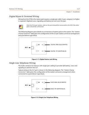 Page 55Station/CO Wiring3-27
Chapter 3 - Installation
Digital Keyset & Terminal Wiring
W i r i n g  f r o m  t h e  D T I B  t o  t h e  s t a t io n  j a c k  r e q u ir e s  a  s i n g l e  p a i r  c a b l e  ( 3 - p a i r , c a t e g o r y  3  o r  h i g h er  
is required). Digitized voice, signaling and battery are sent over this pair.
The following diagram gives details on connections of station jacks to the system. The “Station 
Champ Connector” table gives the configuration of the 25-pair station...