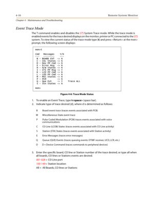 Page 744-16Remote System Monitor
Chapter 4 - Maintenance and Troubleshooting
Event Trace Mode
The T command enables and disables the STS System Trace mode. While the trace mode is 
enabled events for the trace desired displays on the monitor, printer or PC connected to the STS 
system. To view the current status of the trace mode type [t] and press  at the mon> 
prompt, the following screen displays:
Figure 4-6: Trace Mode Status
1. To enable an Event Trace, type t (space bar).
2. Indicate type of trace desired...