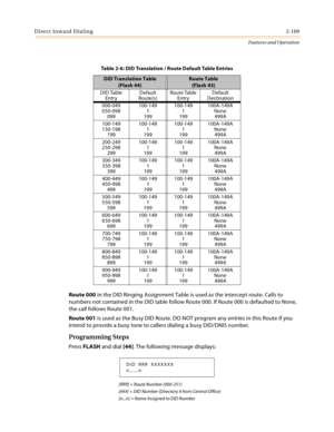 Page 129Direct Inward Dialing2-109
Features and Operation
Route 000 in the DID Ringing Assignment Table is used as the intercept route. Calls to 
numbers not contained in the DID table follow Route 000. If Route 000 is defaulted to None, 
the call follows Route 001.
Route 001 is used as the Busy DID Route. DO NOT program any entries in this Route if you 
intend to provide a busy tone to callers dialing a busy DID/DNIS number.
Programming Steps
Press FLASH and dial [44]. The following message displays:
[RRR] =...