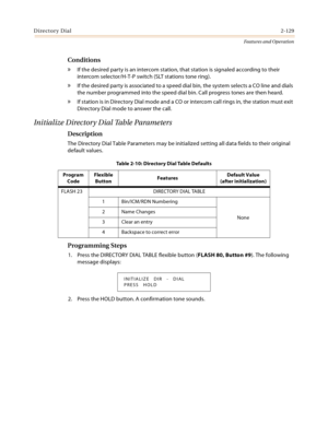 Page 149Directory Dial2-129
Features and Operation
Conditions
» If the desired party is an intercom station, that station is signaled according to their 
intercom selector/H-T-P switch (SLT stations tone ring).
» If the desired party is associated to a speed dial bin, the system selects a CO line and dials 
the number programmed into the speed dial bin. Call progress tones are then heard.
» If station is in Directory Dial mode and a CO or intercom call rings in, the station must exit 
Directory Dial mode to...