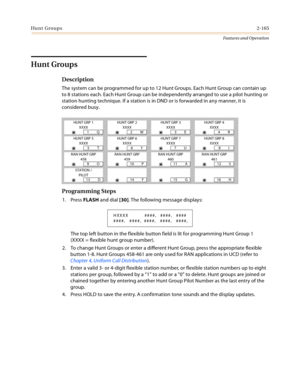 Page 185Hunt Groups2-165
Features and Operation
Hunt Groups
Description
The system can be programmed for up to 12 Hunt Groups. Each Hunt Group can contain up 
to 8 stations each. Each Hunt Group can be independently arranged to use a pilot hunting or 
station hunting technique. If a station is in DND or is forwarded in any manner, it is 
considered busy.
Programming Steps
1. Press FLASH and dial [30]. The following message displays:
The top left button in the flexible button field is lit for programming Hunt...