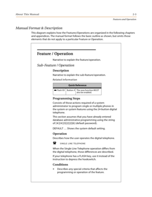 Page 23About This Manual2-3
Features and Operation
Manual Format & Description
This diagram explains how the Features/Operations are organized in the following chapters 
and appendices. The manual format follows the basic outline as shown, but omits those 
elements that do not apply to a particular Feature or Operation.
Feature / Operation
Narrative to explain the feature/operation.
Sub-Feature / Operation
Description
Narrative to explain the sub-feature/operation.
Related Information
Programming Steps
Consists...