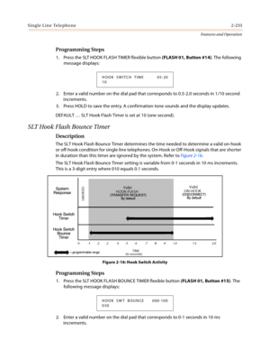 Page 253Single Line Telephone2-233
Features and Operation
Programming Steps
1. Press the SLT HOOK FLASH TIMER flexible button (FLASH 01, Button #14). The following 
message displays:
2. Enter a valid number on the dial pad that corresponds to 0.5-2.0 seconds in 1/10 second 
increments.
3. Press HOLD to save the entry. A confirmation tone sounds and the display updates.
DEFAULT … SLT Hook Flash Timer is set at 10 (one second).
SLT Hook Flash Bounce Timer
Description
The SLT Hook Flash Bounce Timer determines the...