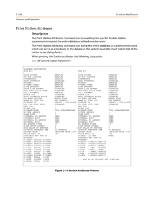 Page 2642-244Station Attributes
Features and Operation
Print Station Attributes
Description
The Print Station Attributes command can be used to print specific flexible station 
parameters or to print the entire database in fixed number order.
The Print Station Attributes command can dump the entire database as a permanent record 
which can serve as a hardcopy of the database. The system baud rate must match that of the 
printer or receiving device.
When printing the Station attributes the following data prints:...