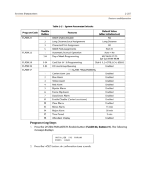 Page 277System Parameters2-257
Features and Operation
Programming Steps
1. Press the SYSTEM PARAMETERS flexible button (FLASH 80, Button #1). The following 
message displays:
2. Press the HOLD button. A confirmation tone sounds.
FLASH 21 1 SMDR Enable/Disable No
2 Long Distance/Local Assignment Long Distance
3 Character Print Assignment 80
5SMDR Port Assignments Port #1
FLASH 22 1 Automatic/Manual Operation Auto = No
2-8 Day of Week Programming M-F 08:00 17:00
Sat-Sun ##:## ##:##
FLASH 24 1-14 Card Slot (0-13)...