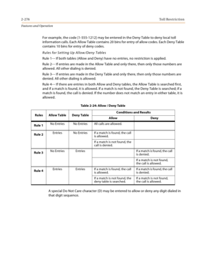 Page 2962-276Toll Restriction
Features and Operation
For example, the code [1-555-1212] may be entered in the Deny Table to deny local toll 
information calls. Each Allow Table contains 20 bins for entry of allow codes. Each Deny Table 
contains 10 bins for entry of deny codes.
Rules for Setting Up Allow/Deny Tables
Rule 1--- If both tables (Allow and Deny) have no entries, no restriction is applied.
Rule 2--- If entries are made in the Allow Table and only there, then only those numbers are 
allowed. All other...