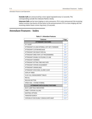 Page 3363-4Attendant Features - Index
Attendant Features and Operation
Outside Calls are announced by a tone signal repeated every 3.2 seconds. The 
corresponding outside line indicator flashes slowly.
Intercom Calls can be tone ringing or voice announce. If it is voice announced, the receiving 
station receives two bursts of tone prior to the announcement. If it is a tone ringing call, the 
receiving station hears a tone ring every 2.4 seconds.
Attendant Features - Index
Table 3-1: Attendant Features
Features...