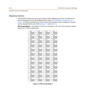 Page 3503-18DSS/BLF Console with Map
Attendant Features and Operation
Mapping Options
The DSS/BLF Console unit can access Stations, Direct Appearing CO Lines, or features that 
may be assigned to any of the flexible buttons (refer to “Flexible Button Assignment” on 
page 2-149). Buttons assigned as CO lines cannot be changed, buttons assigned as Stations 
can be changed by the user. Refer to Figure 3-2 and Figure 3-3.
DSS Console Map #1 -- by default 12 CO Lines, 36 Stations (100-135). This provides a default...
