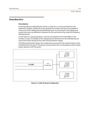 Page 377IntroductionA-3
ICLID / Caller ID
Introduction
Description
Incoming Calling Line IDentification (ICLID), or Caller ID, is a service provided from the 
telephone company. Usually this service provides the number and name (not available in 
some cases) of the calling party for identification prior to answering the call. Calling party 
number and name are delivered in between this first and second ring using FSK (Frequency 
Shift Key) format.
For this feature to operate properly, it must be activated from...