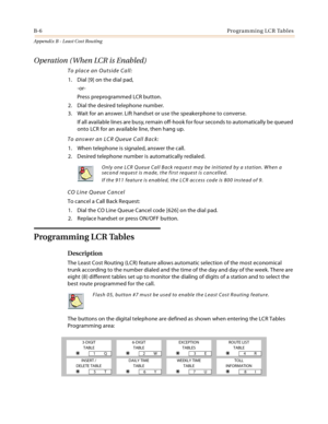 Page 394B-6Programming LCR Tables
Appendix B - Least Cost Routing
Operation ( When LCR is Enabled)
To place an Outside Call:
1. Dial [9] on the dial pad,
-or-
Press preprogrammed LCR button.
2. Dial the desired telephone number.
3. Wait for an answer. Lift handset or use the speakerphone to converse.
If all available lines are busy, remain off-hook for four seconds to automatically be queued 
onto LCR for an available line, then hang up.
To answer an LCR Queue Call Back:
1. When telephone is signaled, answer the...