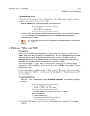 Page 395Programming LCR TablesB-7
Appendix B - Least Cost Routing
Programming Steps
If the system is in the programming mode, continue using the program codes. If starting to 
program here, enter the programming mode.
1. Press FLASH and dial [75]. The following message displays:
2. There are eight tables which can be programmed here for LCR (you must also program 
LCR Class of Service in Station Programming). Use the procedures listed below to 
program these LCR tables.
3-Digit Area / Office Code Table...