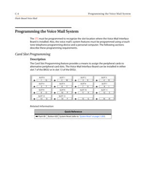 Page 420C-4 Programming the Voice Mail System
Flash-Based Vo ice Mail
Programming the Voice Mail System
The STS must be programmed to recognize the slot location where the Voice Mail Interface 
Board is installed. Also, the voice mail’s system features must be programmed using a touch 
tone telephone programming device and a personal computer. The following sections 
describe these programming requirements.
Card Slot Programming
Description
The Card Slot Programming feature provides a means to assign the...