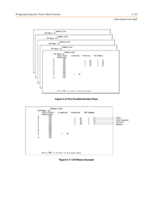 Page 441Programming the Voice Mail System C-25
Flash-Based Voice Mail
Figure C-6: Five Possible Number Plans
Figure C-7: CCR Menus Example
Sales
RepairsTech SupportServices 