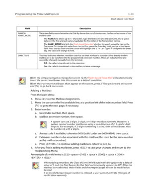 Page 447Programming the Voice Mail System C-31
Flash-Based Voice Mail
Adding a Mailbox
From the Main Menu:
1. Press  to enter Mailbox Assignments.
2. Move the cursor to the first available line, at a position left of the index number field. Press 
[F1] to go to the next page, if necessary.
3. Enter in order:
a. Next index number, then space.
b. Mailbox extension number, then space.
c. Access code if available, otherwise 0000 (valid codes are 0000-9999), then space.
d. Extension number to be associated with this...