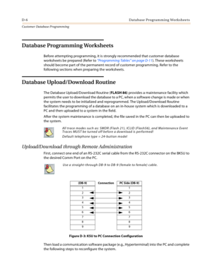 Page 474D-6 Database Programming Worksheets
Customer Database Programming
Database Programming Worksheets
Before attempting programming, it is strongly recommended that customer database 
worksheets be prepared (Refer to “Programming Tables” on page D-11). These worksheets 
should become part of the permanent record of customer programming. Refer to the 
following sections when preparing the worksheets.
Database Upload/Download Routine
The Database Upload/Download Routine (FLASH 86) provides a maintenance...