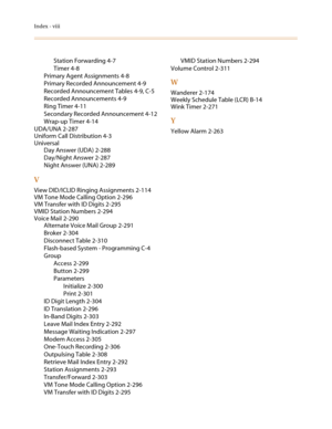 Page 566Index - viii
Station Forwarding 4-7
Timer 4-8
Primary Agent Assignments 4-8
Primary Recorded Announcement 4-9
Recorded Announcement Tables 4-9, C-5
Recorded Announcements 4-9
Ring Timer 4-11
Secondary Recorded Announcement 4-12
Wrap-up Timer 4-14
UDA/UNA 2-287
Uniform Call Distribution 4-3
Universal
Day Answer (UDA) 2-288
Day/Night Answer 2-287
Night Answer (UNA) 2-289
V
View DID/ICLID Ringing Assignments 2-114
VM Tone Mode Calling Option 2-296
VM Transfer with ID Digits 2-295
VMID Station Numbers 2-294...