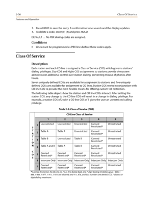 Page 762-56Class Of Service
Features and Operation
3. Press HOLD to save the entry. A confirmation tone sounds and the display updates.
4. To delete a code, enter [#] [#] and press HOLD.
DEFAULT … No PBX dialing codes are assigned.
Conditions
» Lines must be programmed as PBX lines before these codes apply.
Class Of Service
Description
Each station and each CO line is assigned a Class of Service (COS) which governs stations’ 
dialing privileges. Day COS and Night COS assignments to stations provide the system...