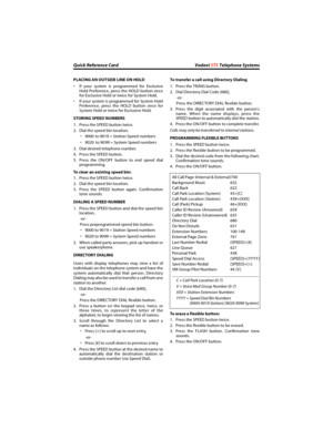 Page 5Quick Reference Card Vodavi STS Telephone Systems
PLACING AN OUTSIDE LINE ON HOLD
If your system is programmed for Exclusive
Hold Preference, press the HOLD button once
for Exclusive Hold or twice for System Hold.
If your system is programmed for System Hold
Preference, press the HOLD button once for
System Hold or twice for Exclusive Hold.
STORING SPEED NUMBERS
1. Press the SPEED button twice.
2. Dial the speed bin location.
9000  to 9019 = Station Speed numbers
9020  to 90 99 = System Speed...