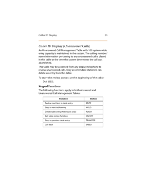 Page 46Caller ID Display 33
Caller ID Display (Unanswered Calls)
An Unanswered Call Management Table with 100 system-wide 
entry capacity is maintained in the system. The calling number/
name information pertaining to any unanswered call is placed 
in this table at the time the system determines the call was 
abandoned.
This table may be accessed from any display telephone to 
review unanswered calls. Only an Attendant station(s) can 
delete an entry from this table.
To start the review process at the beginning...