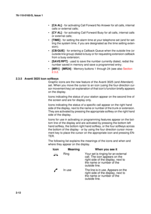 Page 2076-110-0165/G, Issue 1
12
2-12
•[CA AL] - for activating Call Forward No Answer for all calls, internal 
calls or external calls;
•[CY AL] - for activating Call Forward Busy for all calls, internal calls 
or external calls;
•[TIME] - for setting the alarm time at your telephone set (and for set-
ting the system time, if you are designated as the time setting exten-
sion);
•[CB/QUE] - for entering a Callback Queue when the outside line (or 
outside line group) dialed is busy or for requesting extension...