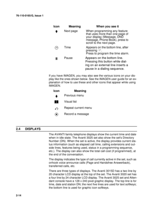 Page 2276-110-0165/G, Issue 1
14
2-14
If you have IMAGEN, you may also see the various icons on your dis-
play like the ones shown below. See the IMAGEN user guide for an ex-
planation of how to use these and other icons that appear while using 
IMAGEN.
2.4 DISPLAYS
The AVANTI family telephone displays show the current time and date 
when in idle state. The Avanti 3025 set also show the sets Directory 
Number (DN). When the set is active, the display provides current sta-
tus information (such as elapsed call...