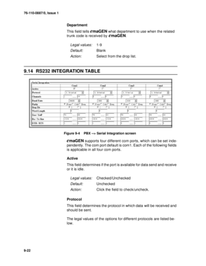 Page 12576-110-0887/0, Issue 1
9-22
Department
This field tells 
emaGEN what department to use when the related 
trunk code is received by 
emaGEN.
9.14 RS232 INTEGRATION TABLE
Figure 9-4     PBX --> Serial Integration screen
emaGEN supports four different com ports, which can be set inde-
pendently. The com port default is com1. Each of the following fields 
is applicable in all four com ports.
Active
This field determines if the port is available for data send and receive 
or it is idle.
Protocol
This field...