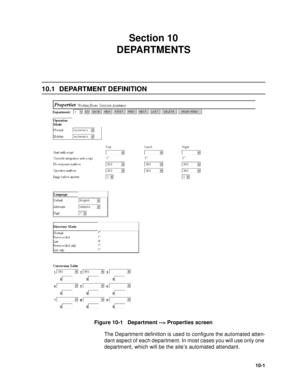 Page 12810-1
Section 10 
DEPARTMENTS
10.1 DEPARTMENT DEFINITION
Figure 10-1   Department --> Properties screen
The Department definition is used to configure the automated atten-
dant aspect of each department. In most cases you will use only one 
department, which will be the site’s automated attendant. 