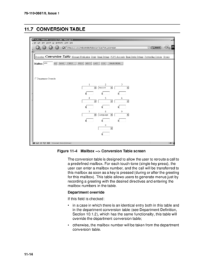 Page 15576-110-0887/0, Issue 1
11-14
11.7   CONVERSION TABLE
Figure 11-4   Mailbox --> Conversion Table screen
The conversion table is designed to allow the user to reroute a call to 
a predefined mailbox. For each touch-tone (single key press), the 
user can enter a mailbox number, and the call will be transferred to 
this mailbox as soon as a key is pressed (during or after the greeting 
for this mailbox). This table allows users to generate menus just by 
recording a greeting with the desired directives and...