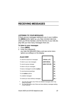 Page 29Avanti 3020 and 3015D telephone sets 23
RECEIVING MESSAGES
LISTENING TO YOUR MESSAGES
If there are any messa
ges waiting for you in your mailbox, 
the [MSG]
 button li
ghts up, you hear a broken dial tone 
when you lift the handset, and the first line of your idle dis-
play tells you how many messa
ges there are. 
To listen to your messages
1. Press [MSG]
. 
2. Enter your password; 
you hear the MAILBOX Menu and see some menu 
options as softkeys on the display:
   
Avanti 3020
To view the visual list of...