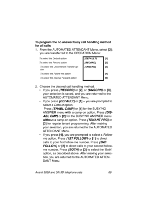 Page 75Avanti 3020 and 3015D telephone sets 69
To program the no answer/busy call handling method 
for all calls
1. From the AUTOMATED ATTENDANT Menu, select [3]
;
you are transferred to the OPERATION Menu:
2. Choose the desired call handlin
g method. 
• If you press 
{RECORD} or [2]
, or {UNSCRN} or [3]
, 
your selection is saved, and you are returned to the 
AUTOMATED ATTENDANT Menu.
• If you press 
{DEFAULT} or [1]
 -- you are prompted to 
select a 
Default option.
 Press 
{ENABL CAMP} or [1]
 for the...