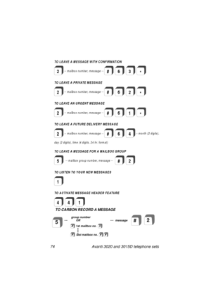 Page 8074 Avanti 3020 and 3015D telephone sets
TO LEAVE A MESSAGE W ITH CONFIRMATION
TO LEAVE A PRIVATE MESSAGE
TO LEAVE AN URGENT MESSAGE
TO LEAVE A FUTURE DELIVERY MESSAGE
2
2
2
2
-- mailbox number, message --
-- mailbox number, message --
-- mailbox number, message --
-- mailbox number, message --
day (2 digits), time (4 digits, 24 hr. form at)-- m o n th (2 d ig its )
,
#63*
#
#
#
6
6
62*
1
4
*
TO LEAVE A MESSAGE FOR A MAILBOX GROUP
TO LISTEN TO YOUR NEW MESSAGES
TO ACTIVATE MESSAGE HEADER FEATURE
5
1
414...
