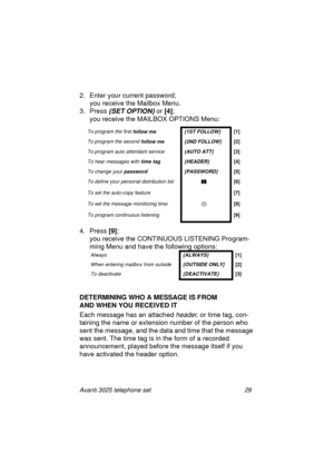 Page 35Avanti 3025 telephone set 29
2. Enter your current password; 
you receive the Mailbox Menu.
3. Press 
{SET OPTION} or [4]
; 
you receive the MAILBOX OPTIONS Menu:
4. Press [9]
;
you receive the CONTINUOUS LISTENING Pro
gram-
min
g Menu and have the following options:
DETERMINING WHO A MESSAGE IS FROM 
AND WHEN YOU RECEIVED IT
Each messa
ge has an attached header, or time tag, con-
tainin
g the name or extension number of the person who 
sent the messa
ge, and the data and time that the message 
was sent....