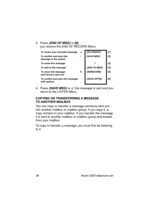 Page 4236 Avanti 3025 telephone set
3. Press {END OF MSG} or [#]
; 
you receive the END OF RECORD Menu:
4. Press 
{SAVE MSG} or 
; the message is sent and you 
return to the LISTEN Menu.
COPYING OR TRANSFERRING A MESSAGE 
TO ANOTHER MAILBOX
You can copy or transfer a messa
ge someone sent you 
into another mailbox or mailbox 
group. If you copy it, a 
copy remains in your mailbox. If you transfer the messa
ge, 
it is sent to another mailbox or mailbox 
group and erased 
from your mailbox.
To copy or transfer a...