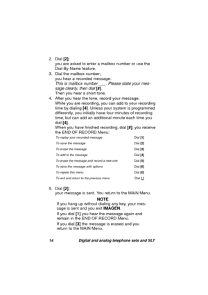 Page 1714 Digital and analog telephone sets and SLT
2. Dial [2];
you are asked to enter a mailbox number or use the 
Dial-By-Name feature.
3. Dial the mailbox number;
you hear a recorded messa
ge:
This is mailbox number ___. Please state your mes-
sa
ge clearly, then dial [#].
Then you hear a short tone.
4. After you hear the tone, record your messa
ge.
While you are recordin
g, you can add to your recording 
time by dialin
g [4]. Unless your system is programmed 
differently, you initially have four minutes of...