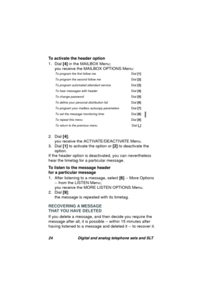 Page 2724 Digital and analog telephone sets and SLT
To activate the header option
1. Dial [4] in the MAILBOX Menu; 
you receive the MAILBOX OPTIONS Menu:
2. Dial [4]; 
you receive the ACTIVATE/DEACTIVATE Menu.
3. Dial [1] to activate the option or [2] to deactivate the 
option.
If the header option is deactivated, you can nevertheless 
hear the timeta
g for a particular message.
To listen to the message header
for a particular message
1. After listenin
g to a message, select [6] -- More Options 
-- from the...