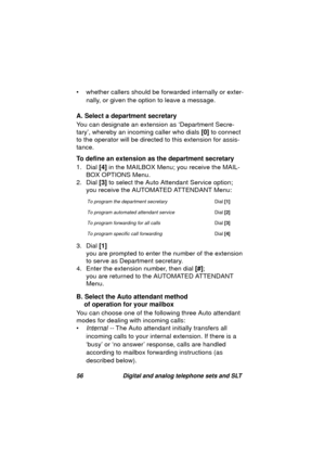 Page 5956 Digital and analog telephone sets and SLT
• whether callers should be forwarded internally or exter-
nally, or 
given the option to leave a message.
A. Select a department secretary
You can desi
gnate an extension as ‘Department Secre-
tary’, whereby an incomin
g caller who dials [0] to connect 
to the operator will be directed to this extension for assis-
tance.
To define an extension as the department secretary
1. Dial [4] in the MAILBOX Menu; you receive the MAIL-
BOX OPTIONS Menu.
2. Dial [3] to...