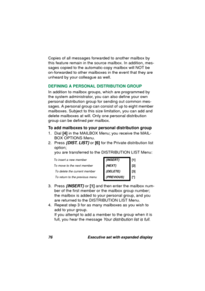 Page 7876 Executive set with expanded display
Copies of all messages forwarded to another mailbox by 
this feature remain in the source mailbox. In addition, mes-
sa
ges copied to the automatic-copy mailbox will NOT be 
on-forwarded to other mailboxes in the event that they are 
unheard by your collea
gue as well.
DEFINING A PERSONAL DISTRIBUTION GROUP
In addition to mailbox 
groups, which are programmed by 
the system administrator, you can also define your own 
personal distribution 
group for sending out...